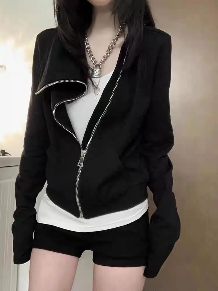 

Aesthetic Hot Girl Black Long Sleeve Coat Women Autumn Y2k Vintage Zipper Slim Jacket Female Design High Street Darkly Outfits