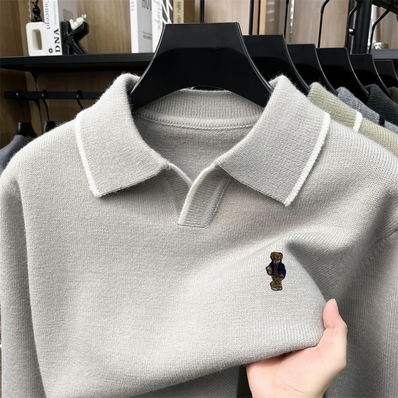 Luxusmarke Herren-Poloshirt mit Stickerei-Print, Herbst Neuheit, Langarm, Kragen, Einfarbig, Strick-T-Shirt, Modische Business-Herrenbekleidung – Detail 2