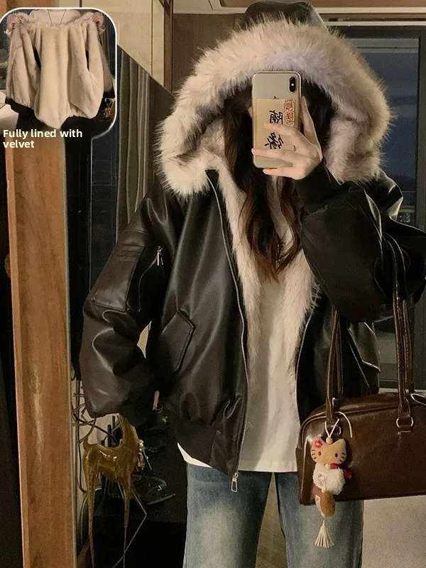 

plus Size Thickened Warm Hooded Jacket Women's Autumn Winter Fleece Lined Fashionable High End Feeling Leather Coat Conceal M...