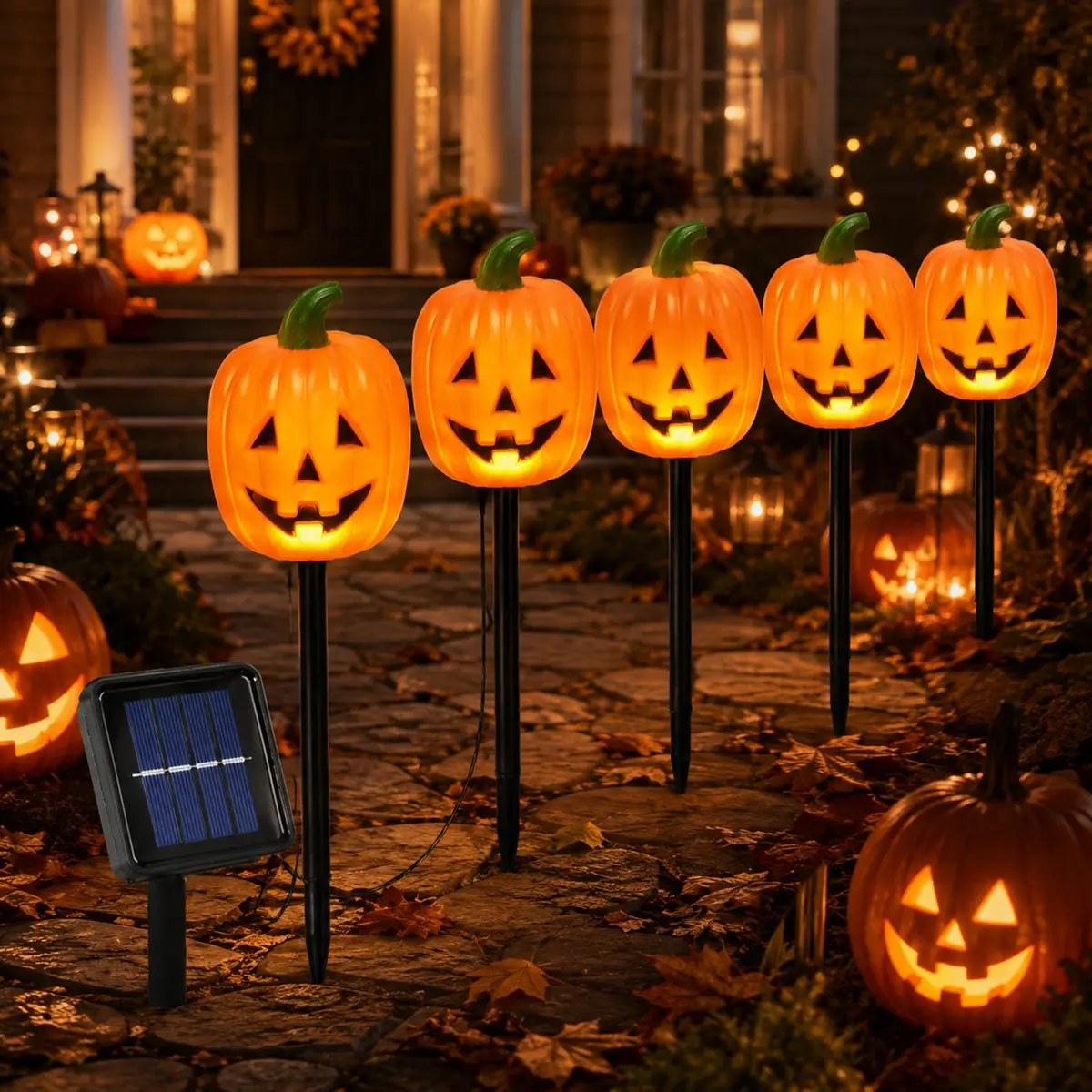 5pcs/set Halloween Solar Stake Lights Mixed Pumpkin Ghost Lamp With 8 Lighting Modes For Pathway Yard Lawn Spooky Holiday Decor