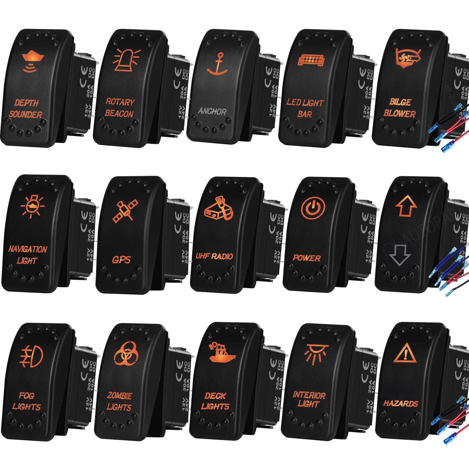 Marine Boat Grade Rocker Switch Bilge Blower Latching Switch Anchor Momentary Toggle Switch Amber LED With Wire Waterproof IP66