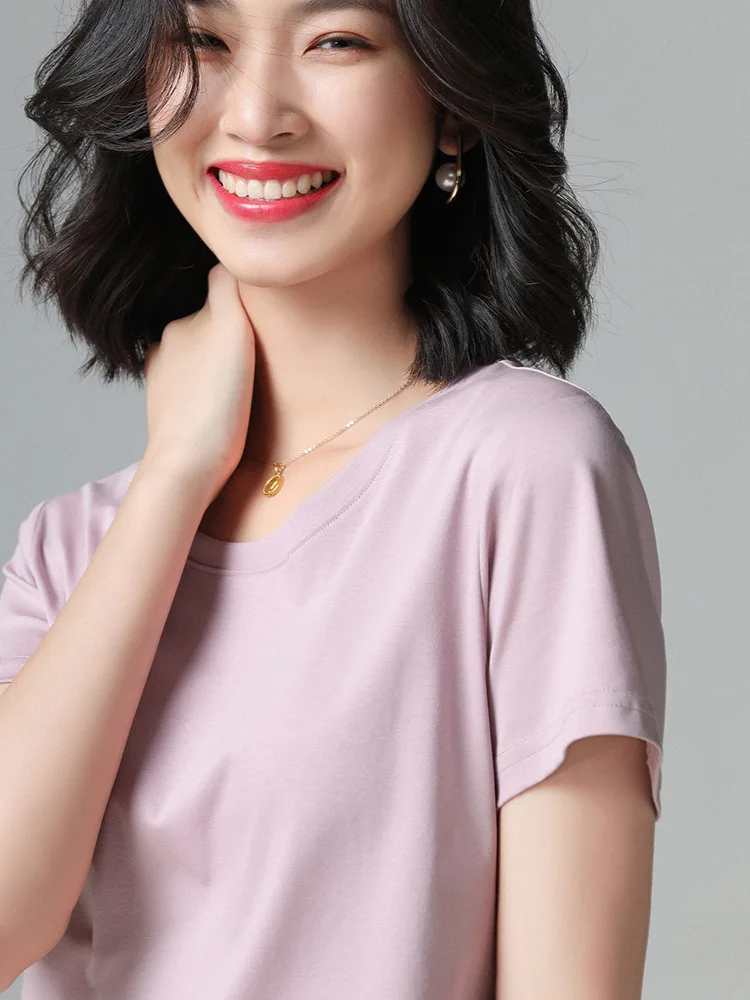 Women's Mercerized Cotton T Shirt 80s High Count Summer Short Sleeve Crew Neck V Neck Slim Fit Solid White Basic Tee