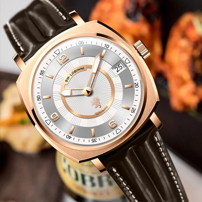 Lobinni reserva de energia 80 horas relógio mecânico automático masculino design quadrado dial vidro safira pulseira couro azul relógios masculinos