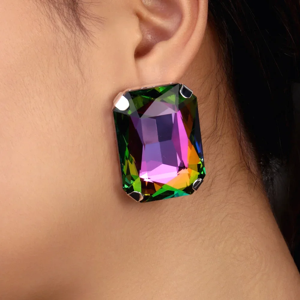 Stonefans Oversize Rectangle Crystal Colorful Earrings Stud Jewelry Exaggerate Large Ear Stud Bridal Wedding Party Ear Jewelry