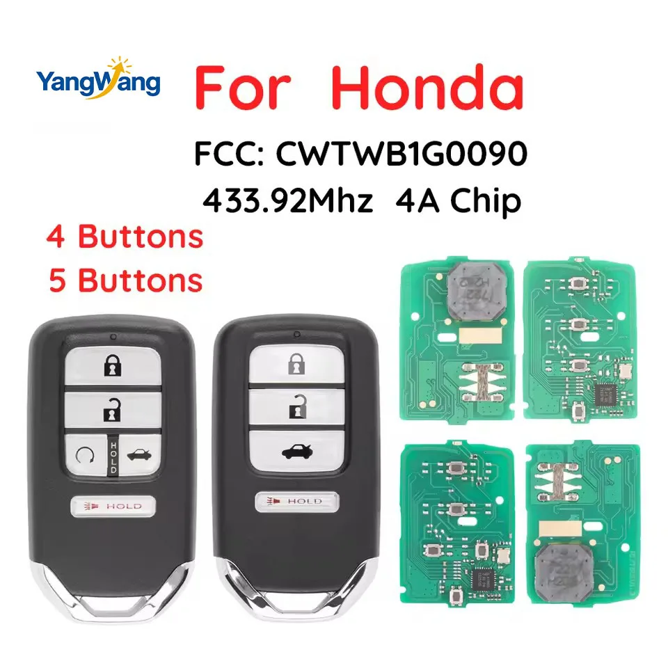 

YangWangg CWTWB1G0090 Proximity Smart Car Key Fob For 2018-2022 Honda Accord 4/5 Buttons 433MHz 4A Chip P/N:72147-TVA-A11/A01