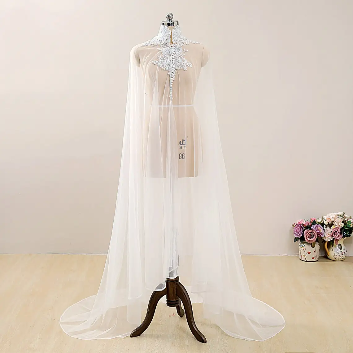 Lace Neck Bridal Cape Boho with Buttons Vintage Wedding  Veil Bridal Lace Tulle Bridal Cover Up with Train