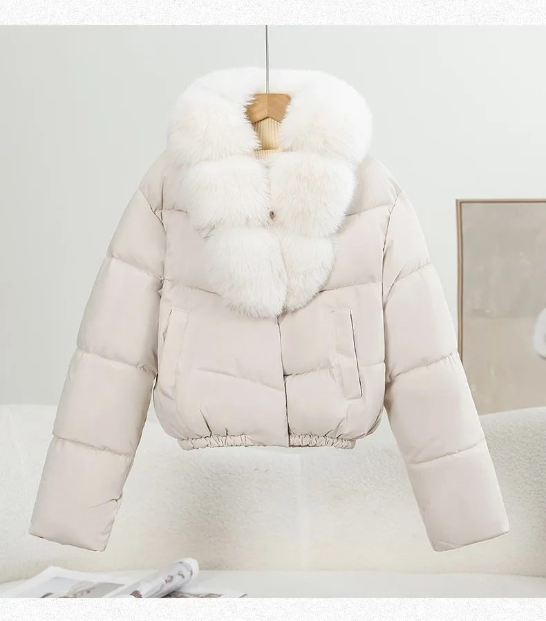 Korean Trend 2026 Winter New Women's Solid Color Short Down Cotton Jacket Simple V-neck Fashion Loose Fur Collar Jacket