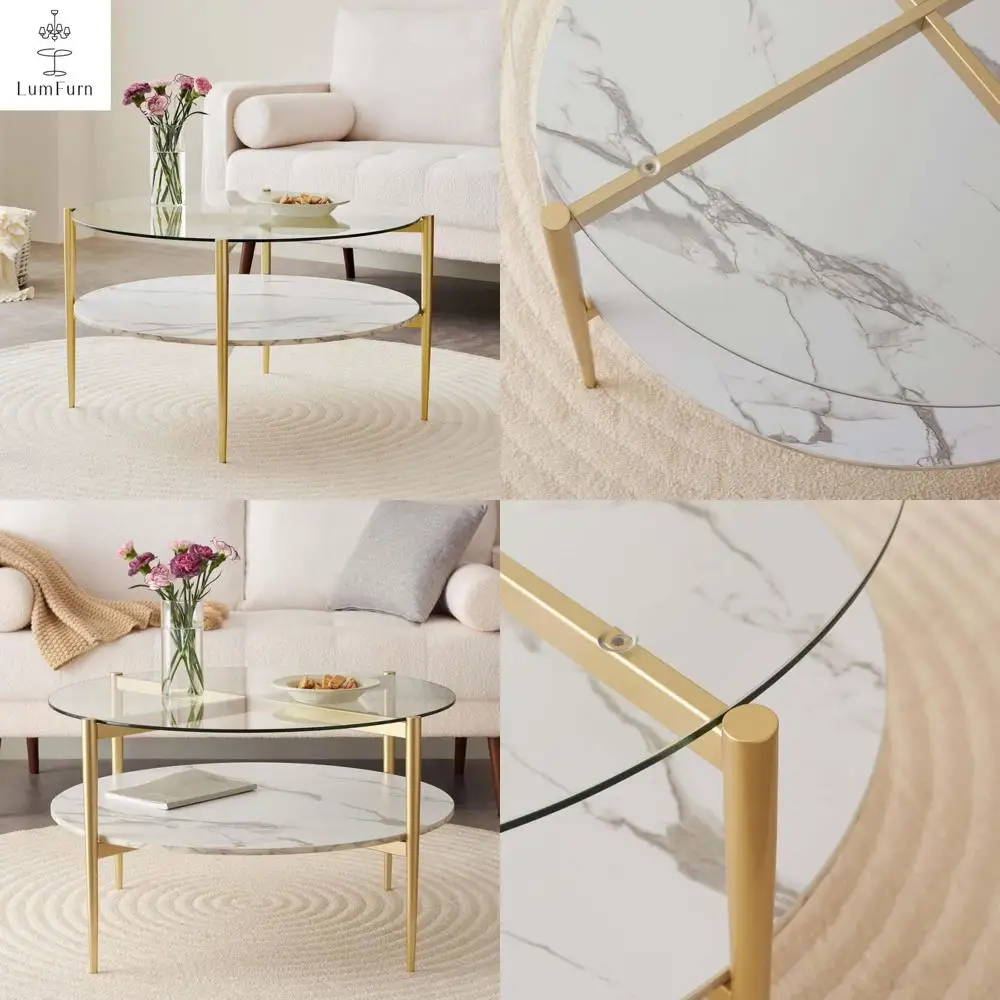 

Mid-Century Modern 2-Tier Coffee Table, 30 Diameter x 17 High, Clear Glass Top, White Marble Shelf, Gold Metal Legs