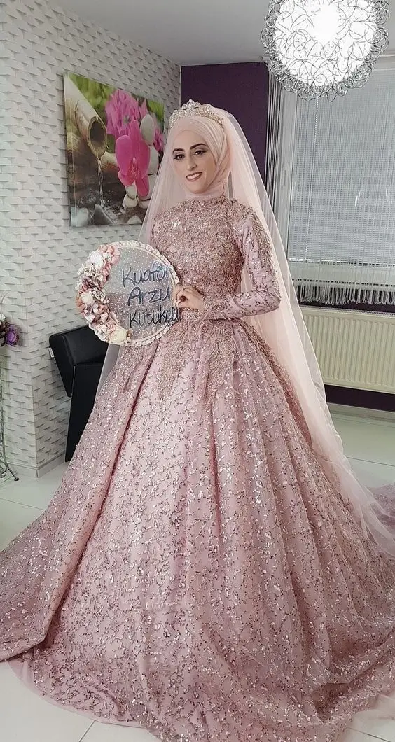 Muslim Blush Pink Wedding Dresses Sparkly Gillter Lace Sequins Beaded High Neck Long Sleeve Hijab Arabic Bridal Gowns