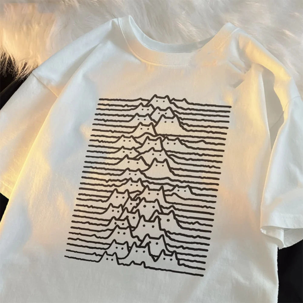 

Casual Cat Group Mountain Cartoon Cotton Trendy Travel Mountain And River Cat Line Short Sleeve T-shirts Men's Women Trendy Tops