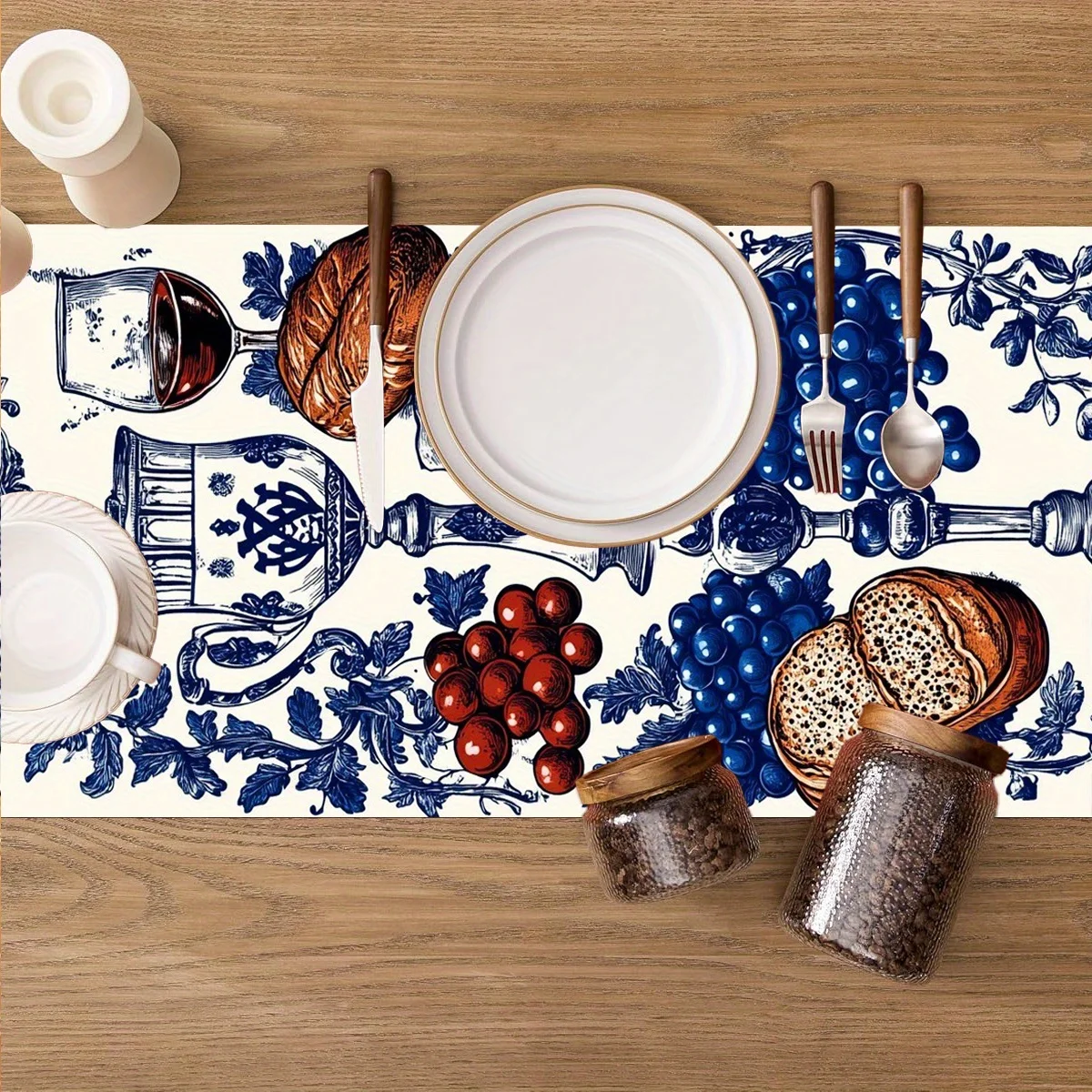 Shabbat Table Runner - Elegant Polyester Wine Glass & Challah Bread Design, Festive Home Kitchen Shabbat Celebration Decor