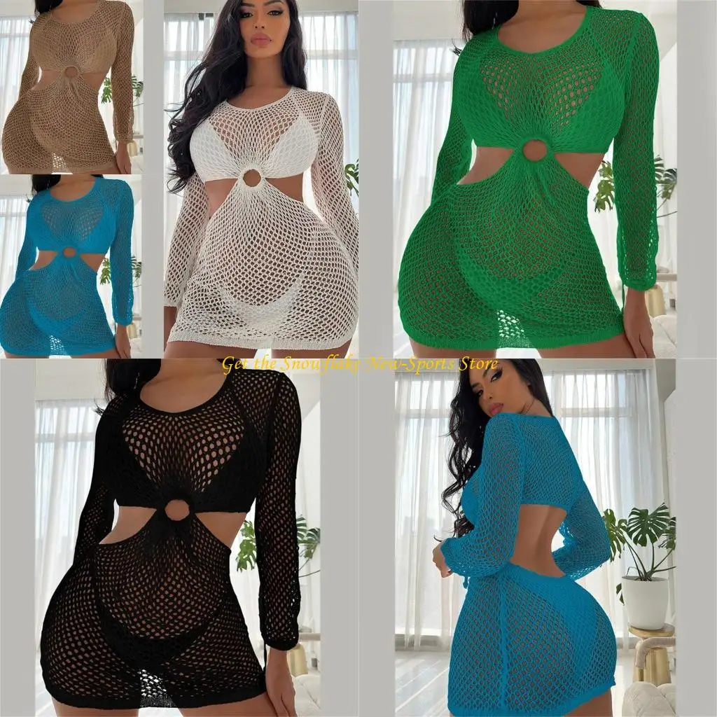 

E56D Women Hollow out Bikinis Cover Up Crew-Neck Beach-Dress Fashion Crochet Long Sleeves Swimsuits Cover Up for Vacations