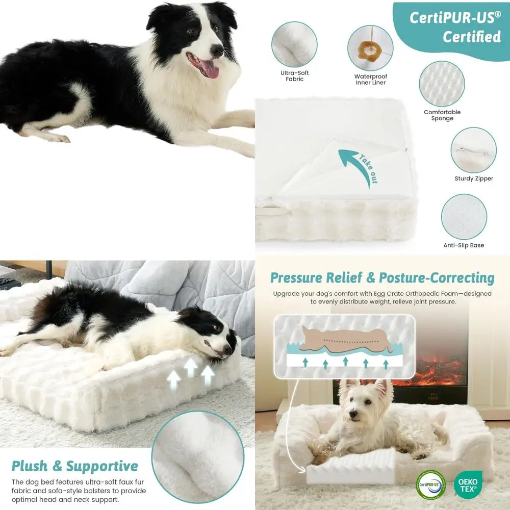 

Orthopedic Faux Fur Dog Bed, XL U-Shaped Couch with Waterproof Cover, Anti-Slip Base, Beige 42x30x7