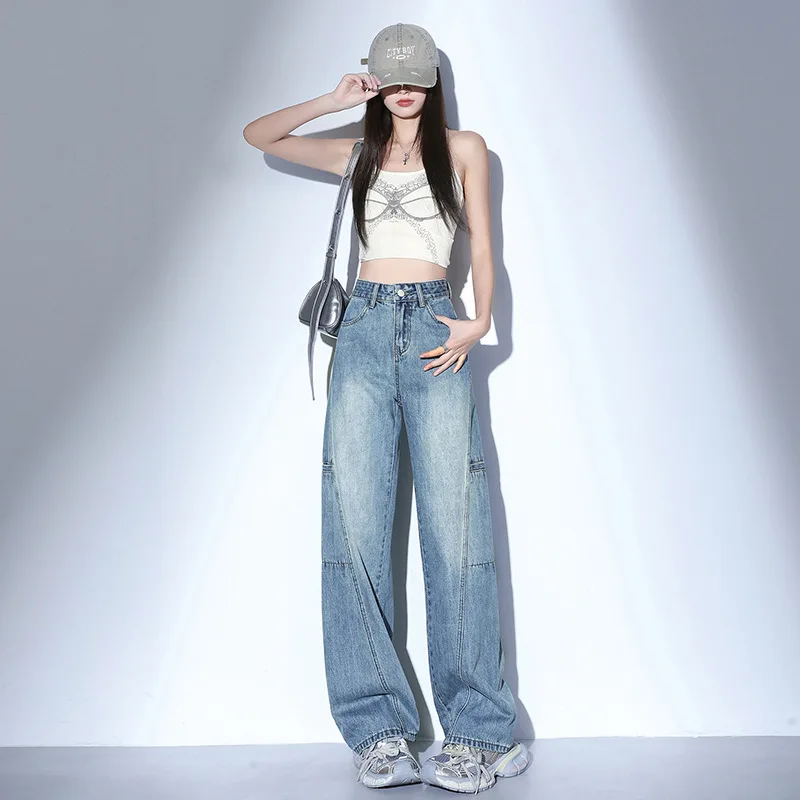 

Модные женские джинсы с высокой талией и широкими штанинами, свободного кроя, с эффектом похудения, универсальные, в пол, в американском уличном стиле