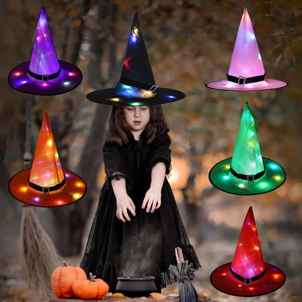 Halloween LED Luminous Witch Hat Glowing Witches Hat for Halloween Party Outdoor Yard Decor Glow in Dark Halloween Props Kid Toy