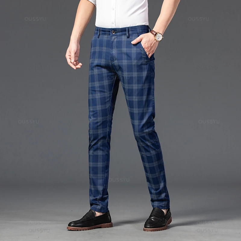 Brand Men\'s Stripe Plaid Casual Pants Men Four Seasons High Quality Business Trousers Men\'s Slim Dark gray Straight Pant