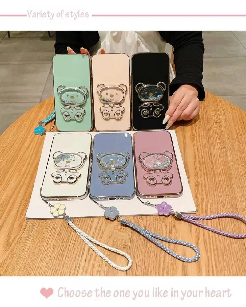 Flower Strap Mirror Bear Plating Case For iPhone 14 11 12 13 Pro Max 13 12 Mini 8 7 6 6S Plus 10 X Xr Xs Max SE 2020 Cover