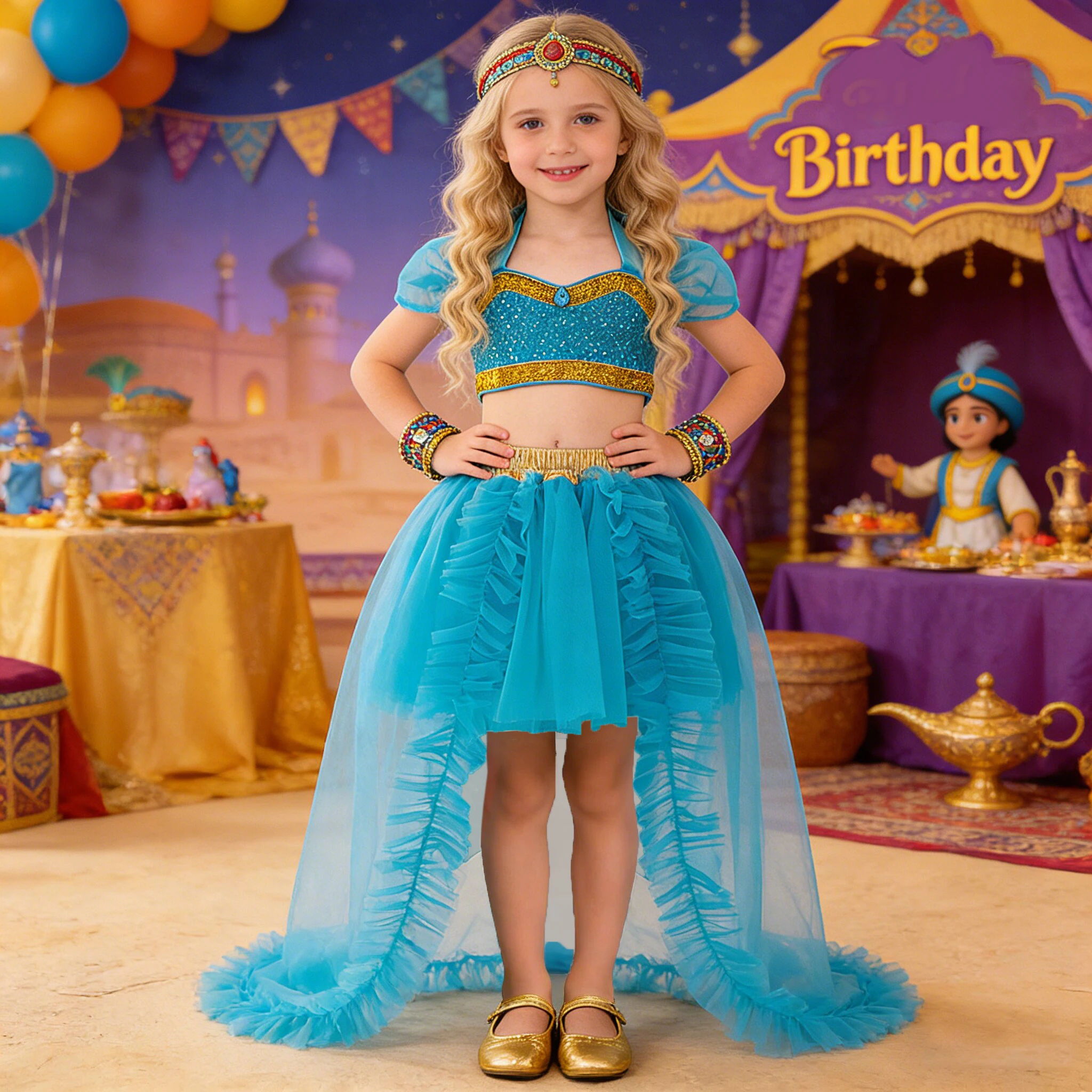 Jasmin Prinzessin Party Mädchen Kleid 2 Stück Langschwanz Tüll Geburtstag Hochzeit Ballkleider Kinder Abschlussfeier Weihnachten Halloween Kleid