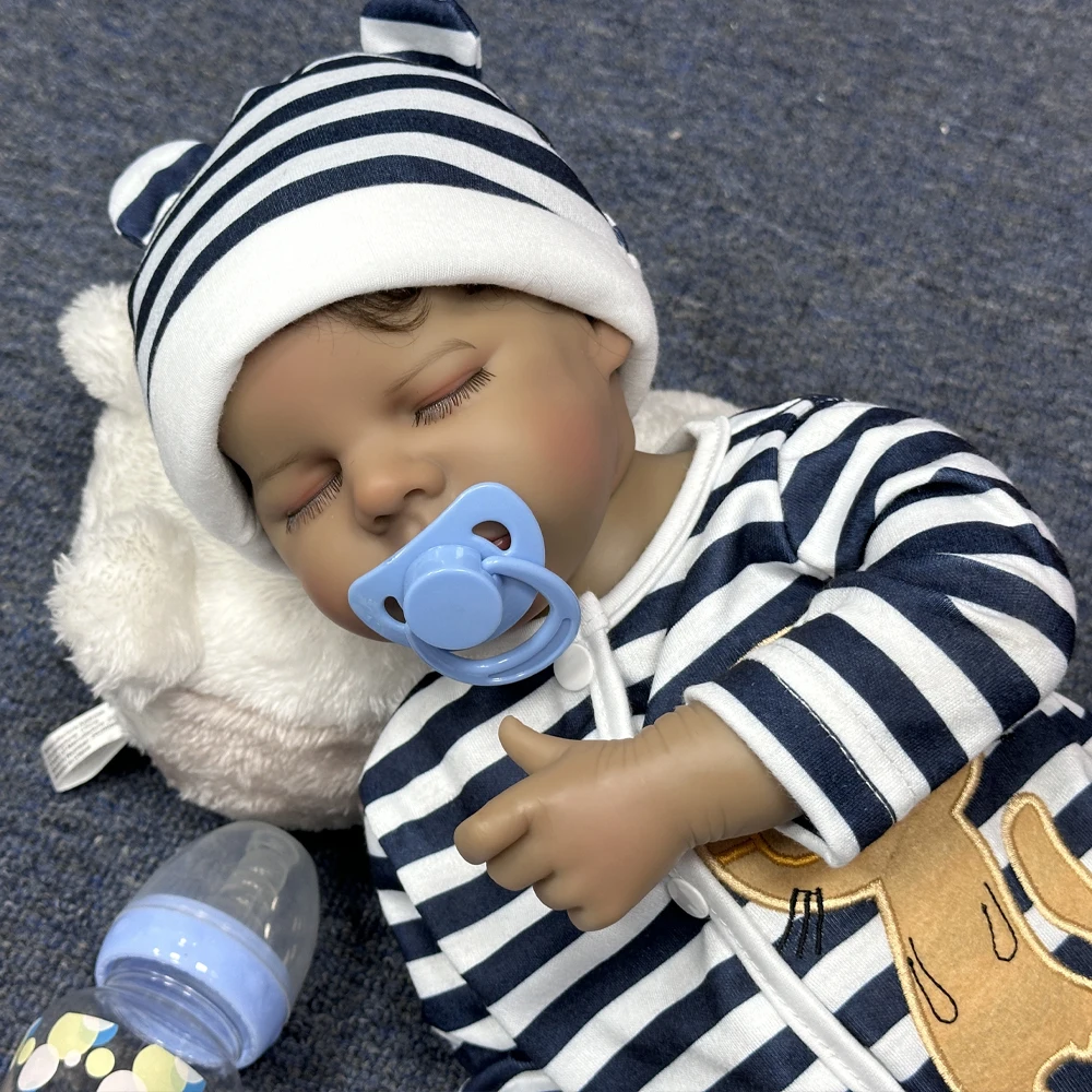 18-Inch Reborn Black Doll, Vinyl Material, Striped Pajamas, Poseable Limbs, Color Box Packaging, Suitable for Black Families
