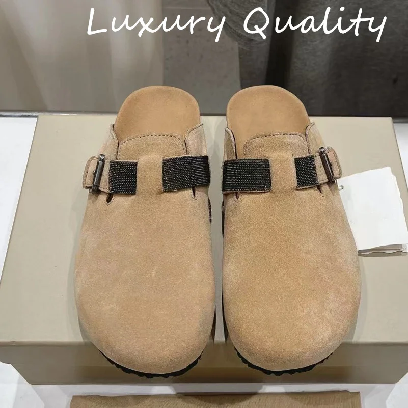 2024 Women's Round Toe Shoes Casual Flat Sandals Solid Color Metal Decoration Thick Sole Comfortable Buckle Strap Upper