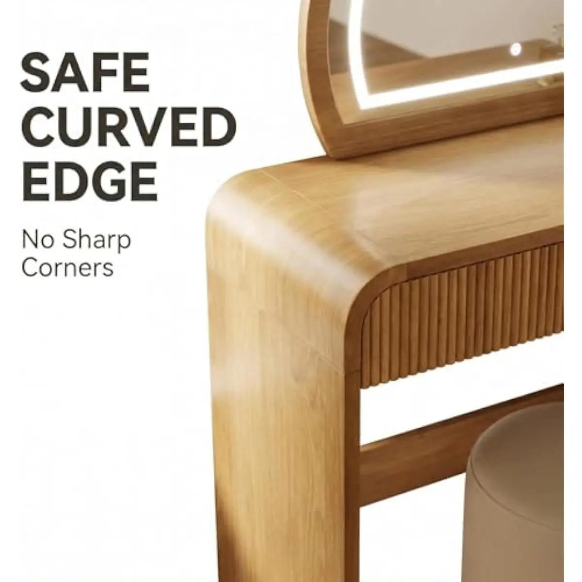 Modern Vanity Desk Featuring Curved Edges, Touch-Control LED Mirror, Removable Glass Surface, Engineered Wood Frame, Tempered Gl