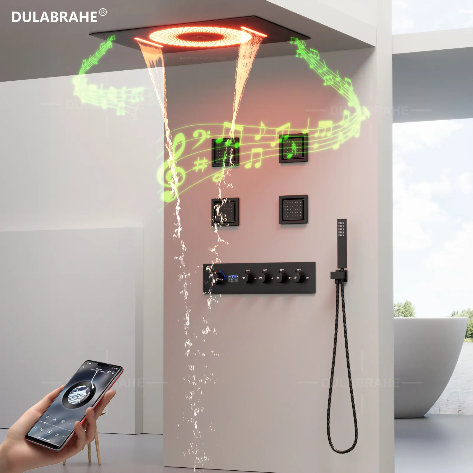 Black Ceiling Embedded Digital Shower Valve 600x400mm with LED Concealed Music System Cold And Hot Water Compatible