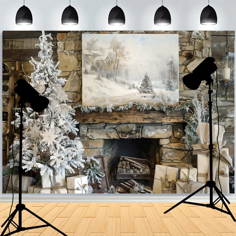 Christmas Day Fireplace Photography Backdrops Large Window Living Room Wreach Xmas Tree Fireplace New Year Background XH-38