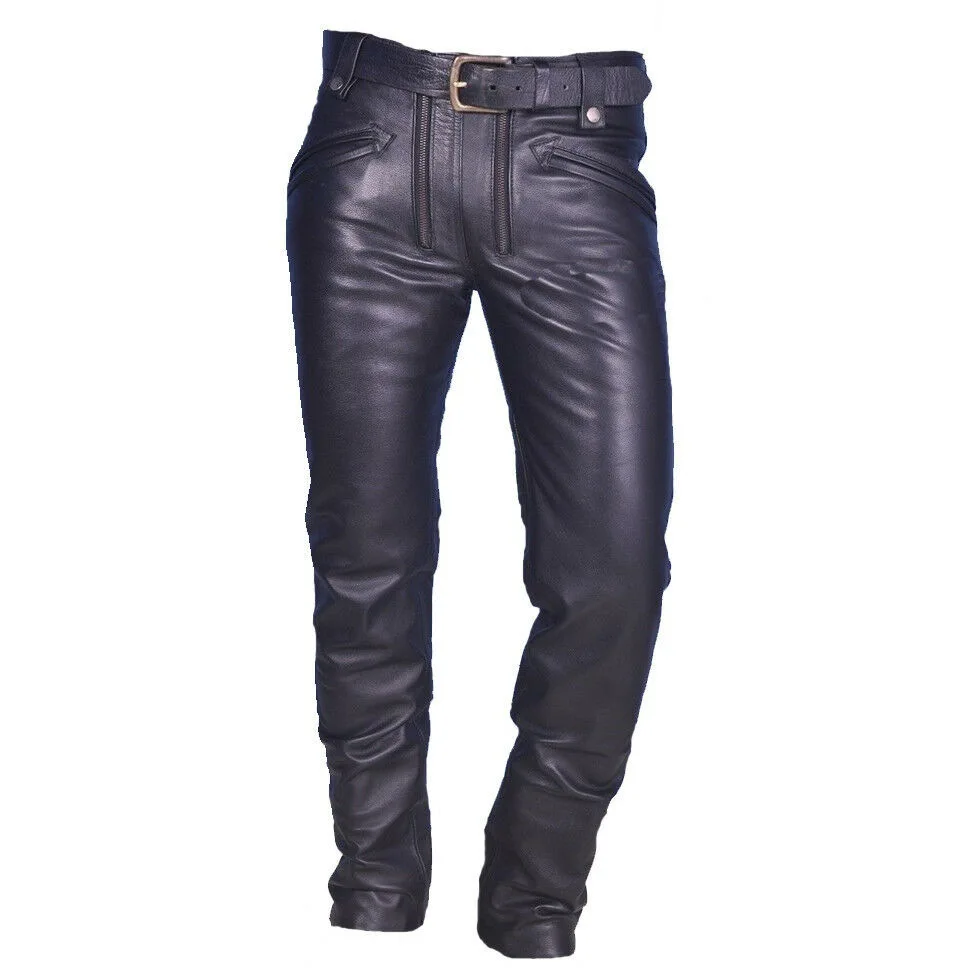 Men's Fashion Faux Leather Pants With Zippers Punk Style PU Leather Trousers For Male Solid Color Big Size 5XL