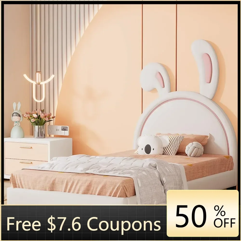 Children Bed with Bunny Ears Headboard, Platform Bed Frame with Rabbit Ornament for Kids, Child's Bedroom, No Box Spring Needed