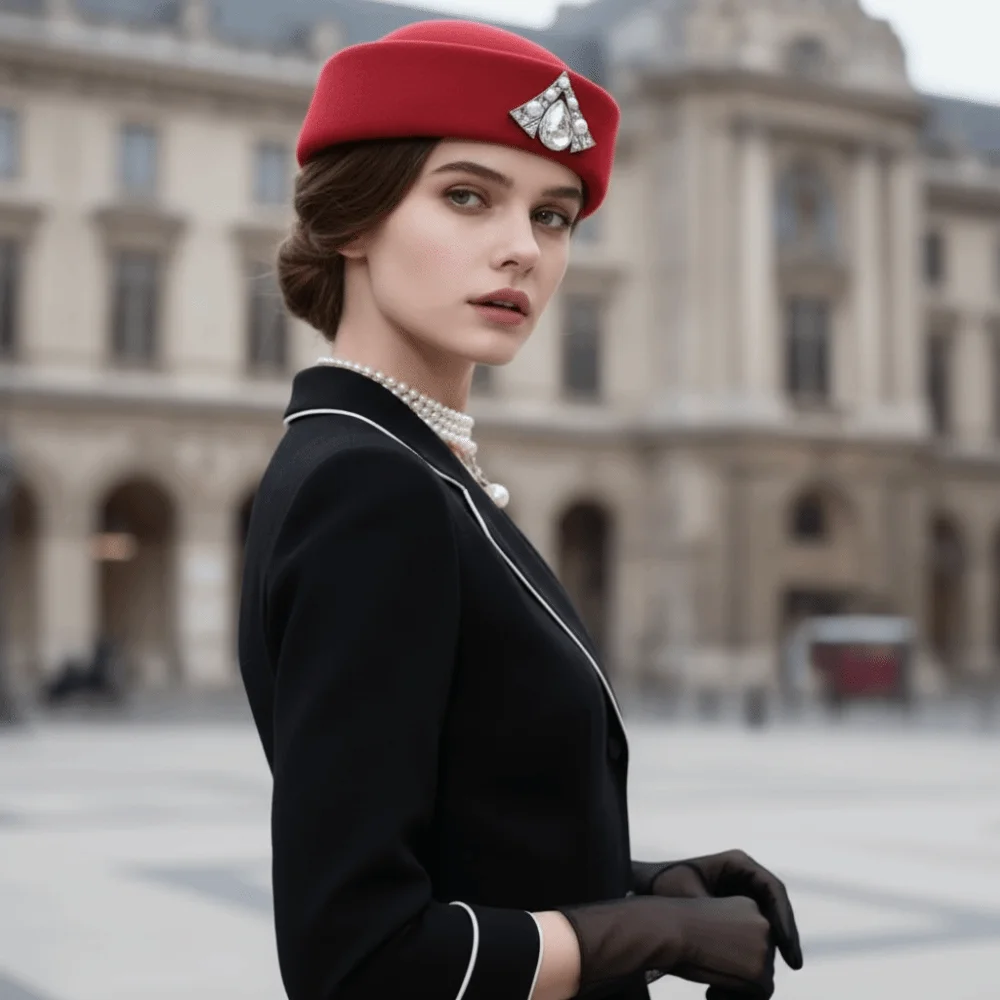 Tropfenförmiger Hut, Vintage-Topper-Hut, Strass, Retro-Filz, Baskenmütze, Charm, einfarbig, Stewardess-Kappen, Bankett