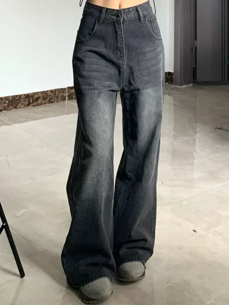 Pantalones vaqueros negros Vintage para mujer, ropa de calle de cintura alta, holgada, informal, a la moda, recta, lavada, años 2000 y 90