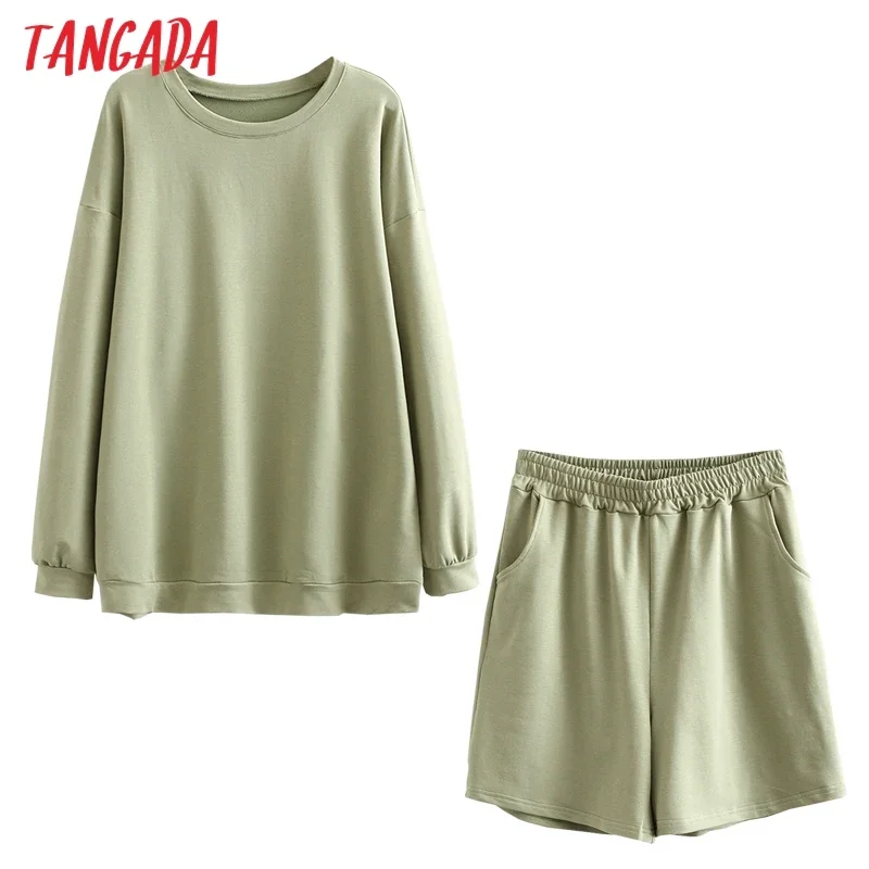 Tangada 2022 Summer Cotton Tracksuits Couple Solid Color Two Piece Set O-neck Sweatshirts and Shorts 6L30-1