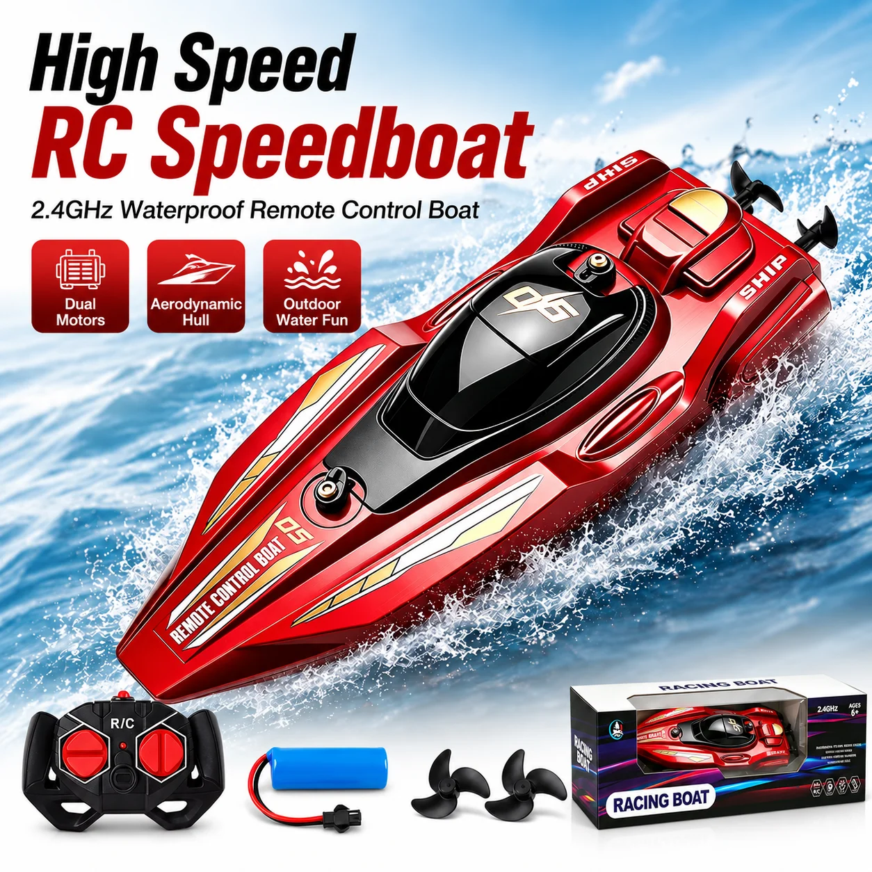 2.4GHz RC Speed Boat, Waterproof Remote Control Racing Boat, Dual Motor Water Toy for Pool Lake Kids Boys Adults Birthday Gift