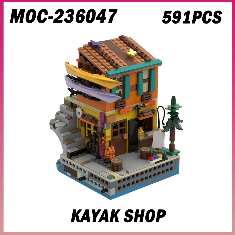 

591 шт. MOC-236047 магазин каяков, город, вид на улицу, модель, строительные блоки, набор кирпичей, архитектура, украшение для рабочего стола, детские игрушки «сделай сам»