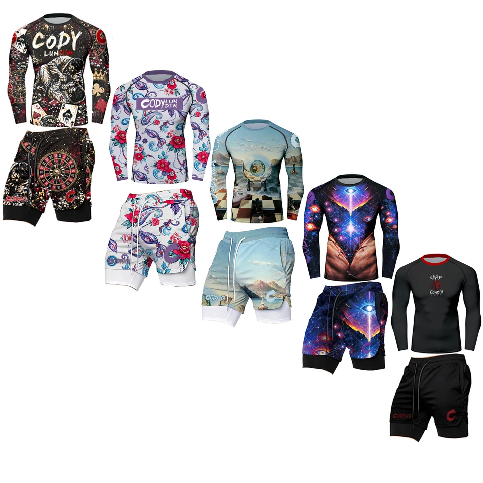 New Jiu Jitsu MMA T-shirt+Muay Thai Shorts Men Rashguard Grappling Boxing Jerseys Bjj Compression Fighting Kickboxing Sportswear