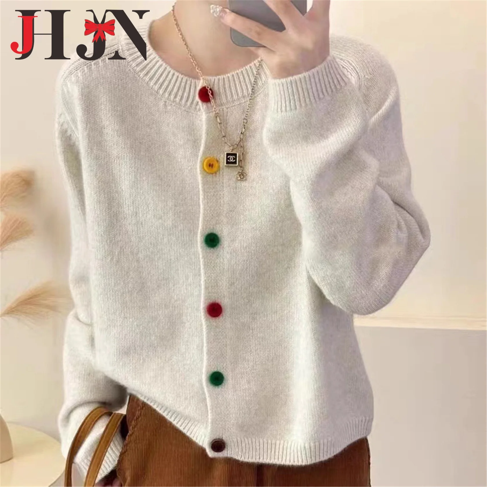 JHJN Korean Women Sweater O-Neck Preppy Style Knitted Cardigan Slim Colourful Button Knitwear Single-Breasted Coat Casual Tops