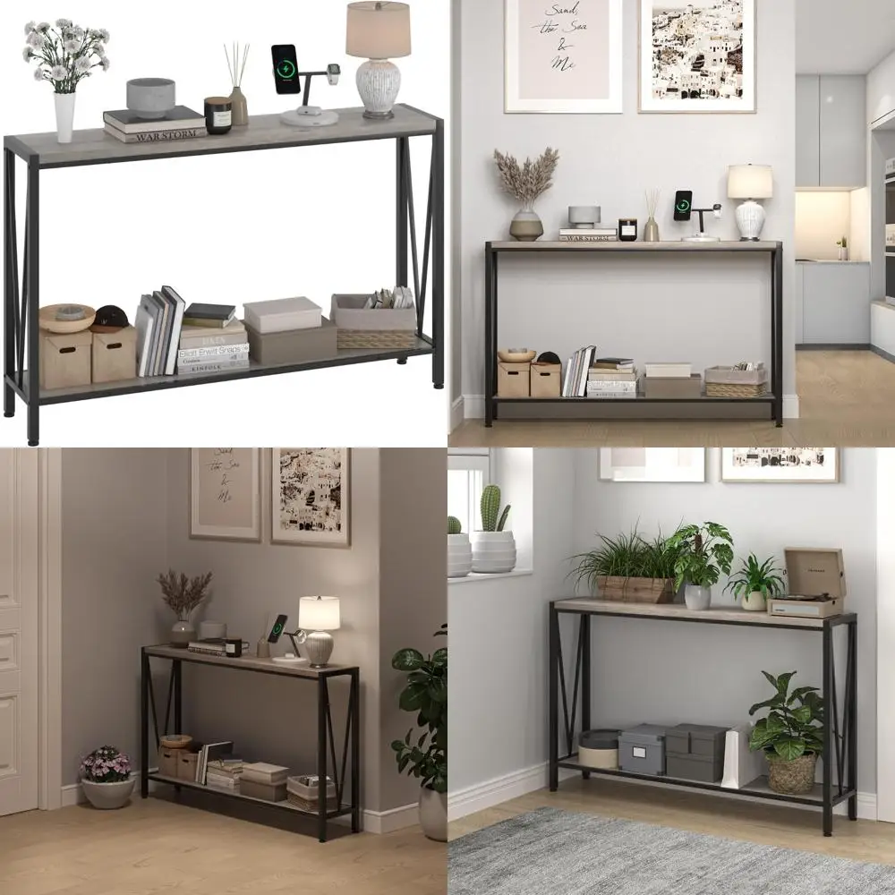 

Двухуровневый серый консольный столик из дерева и металла с местом для хранения вещей для прихожей, длинный узкий диван-стол 42,9 с полкой
