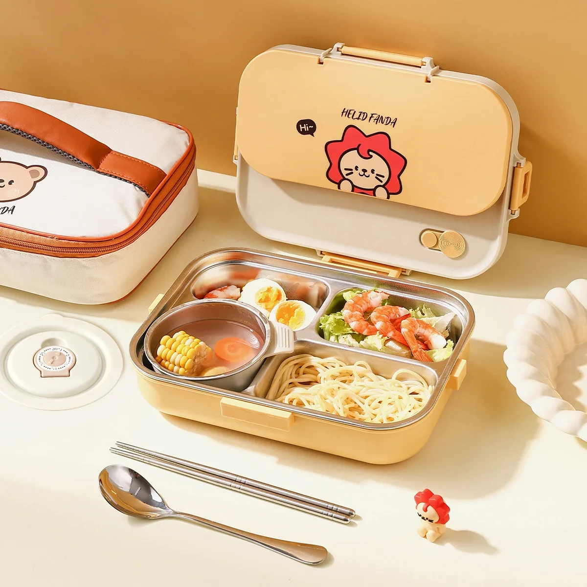 WORTHBUY 1500ml Cartoon 304 Stainless Steel Bento Lunch Box For Kids With Tableware 4 Grids Leak-proof Lunch Food Container