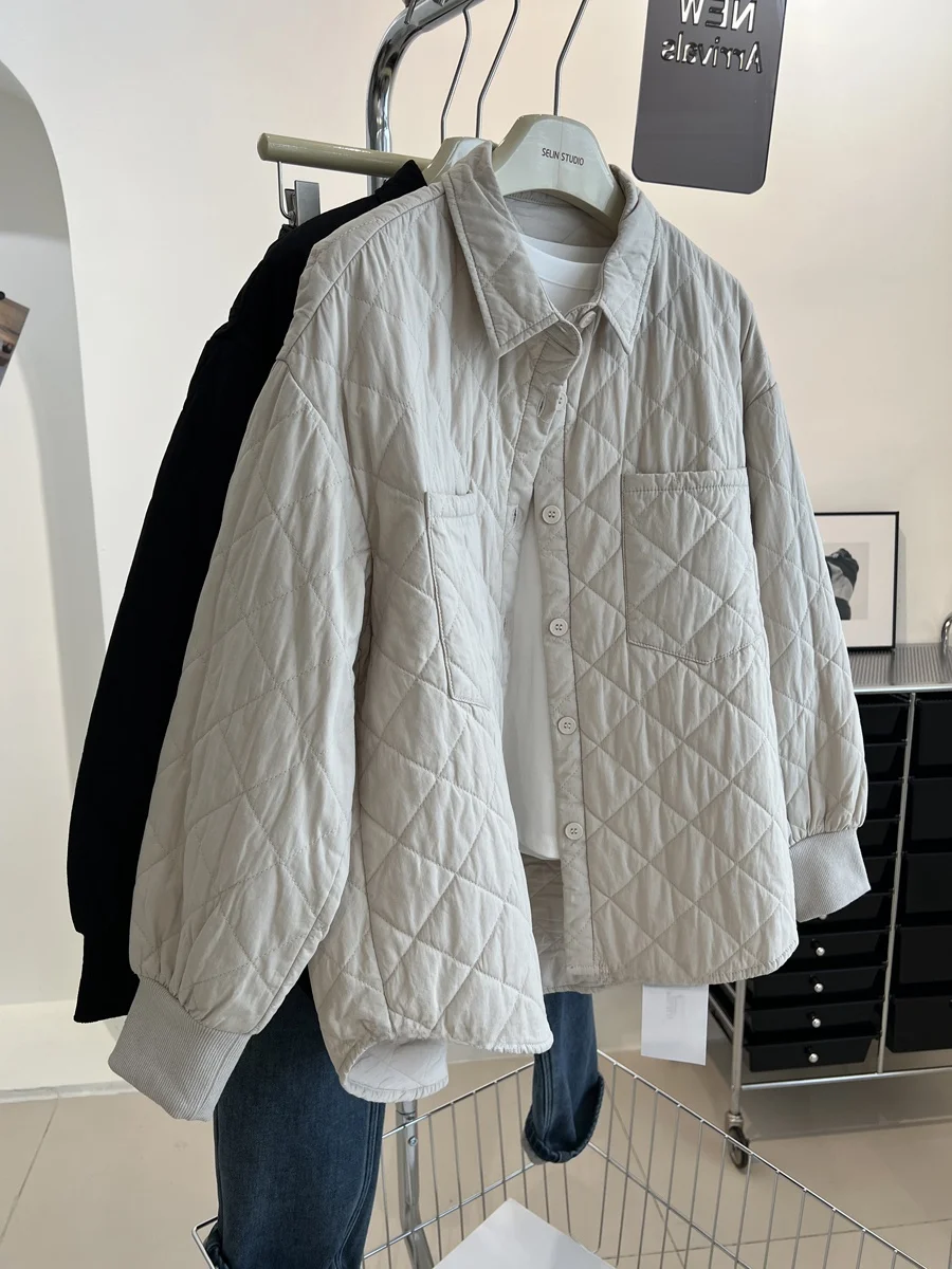 

Casual Loose Diamond Pattern Cotton Jaet Women's Winter Warm Bread Sle Coat Collar Single Button Closure Long Sve