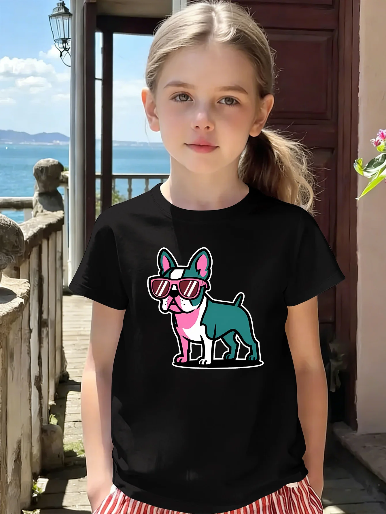 Stylish Sunglasses French Bulldog Cartoon Print Kids Tee Boys Girls Cotton Summer Soft Casual Unisex Kids Short Sleeve Shirts