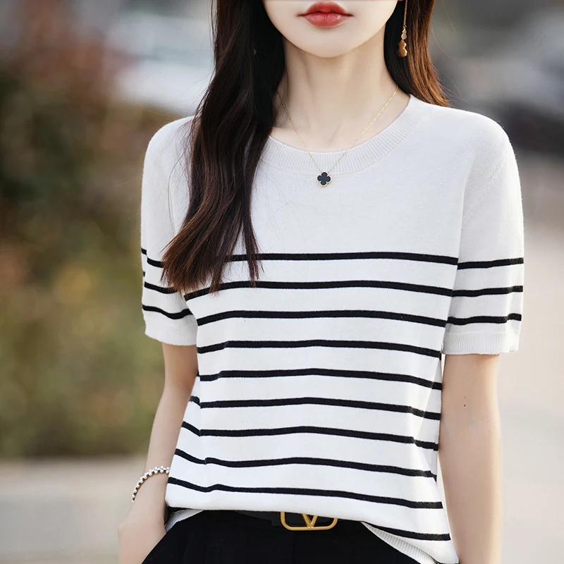 Summer New Short-sleeved Women O-Neck Slim 100% Cotton Striped Pullover Vest T-shirt Knitted Base Casual Comfortable Sweater