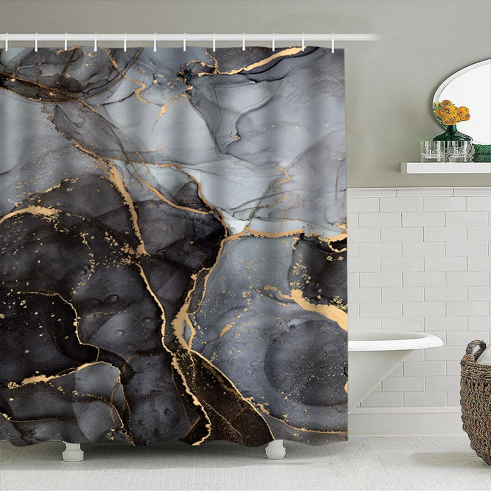 1pc Marble Pattern Curtain Bathroom Partition Decorative Curtain Machine Washable Black Gold Texture Window Privacy Curtain