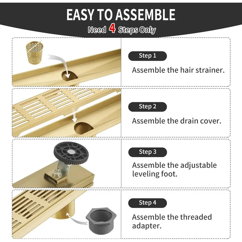 32 تصريف خطي مستطيل، تصريف 51 لتر/دقيقة، SUS-304 من الفولاذ المقاوم للصدأ، ذهبي الزركونيوم، استنزاف دش معتمد من CUPC SD-109