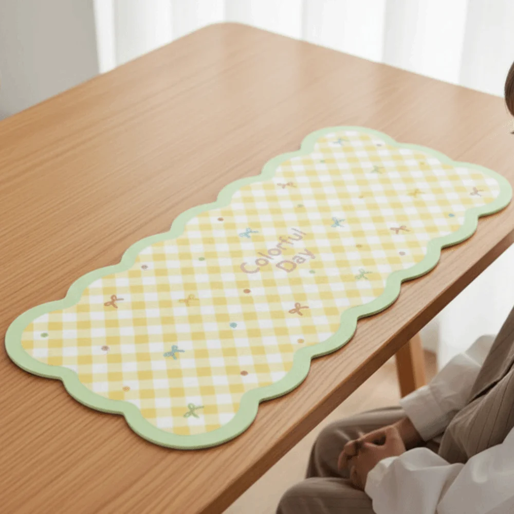 Table Cushion Gingham Desk Mat Cute Wavy Edge Table Blotter Thick Stitched Keyboard Mat Girls