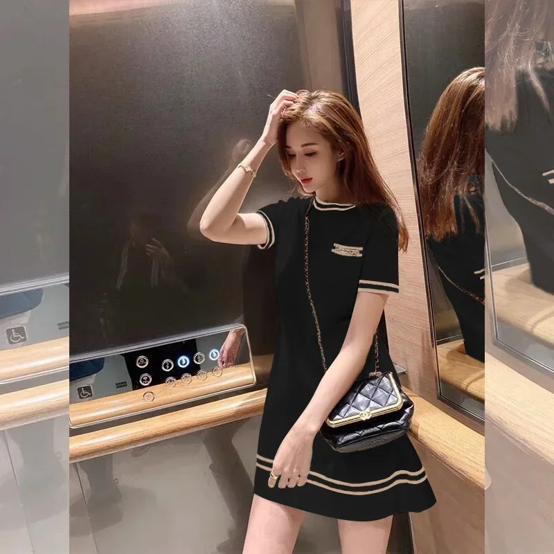 Elegant Knitted Dress Spring Summer Women Loose Round Collar T-Shirt Dresses Chain Design Casual Short Sleeve Mini Dress P392