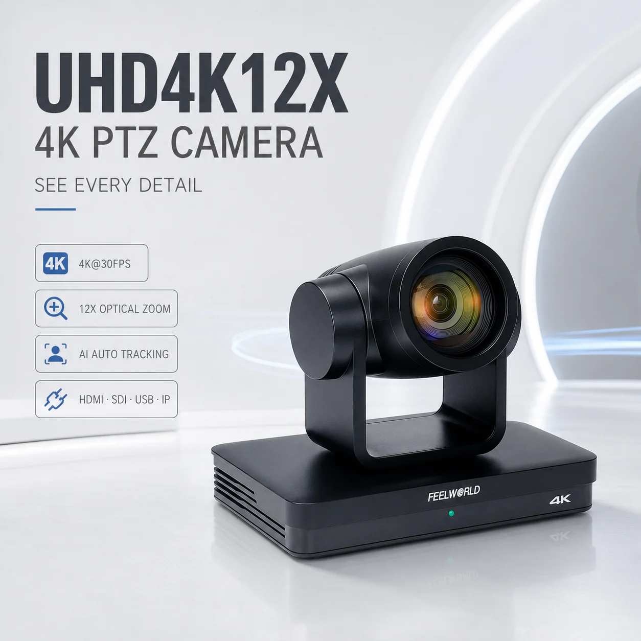 FEELWORLD UHD 4K PTZ Smart Camera 12X Optical Zoom Auto Focus AI Tracking SDI HDMI USB LAN Outputs Remote Control PoE Supported