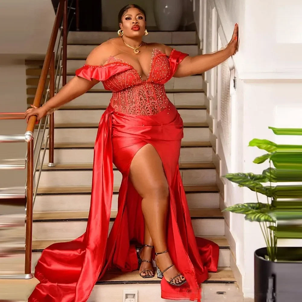 Rode plus size zeemeermin avondjurk pure halslijn zijsleep pailletten kanten galajurk met hoge split