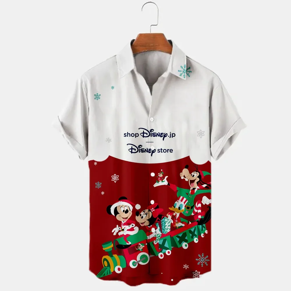 Kemeja Hawaii lengan pendek, kemeja Disney Mickey Mouse natal Pria Wanita Kasual pantai Disney Hawaii, kemeja lengan pendek