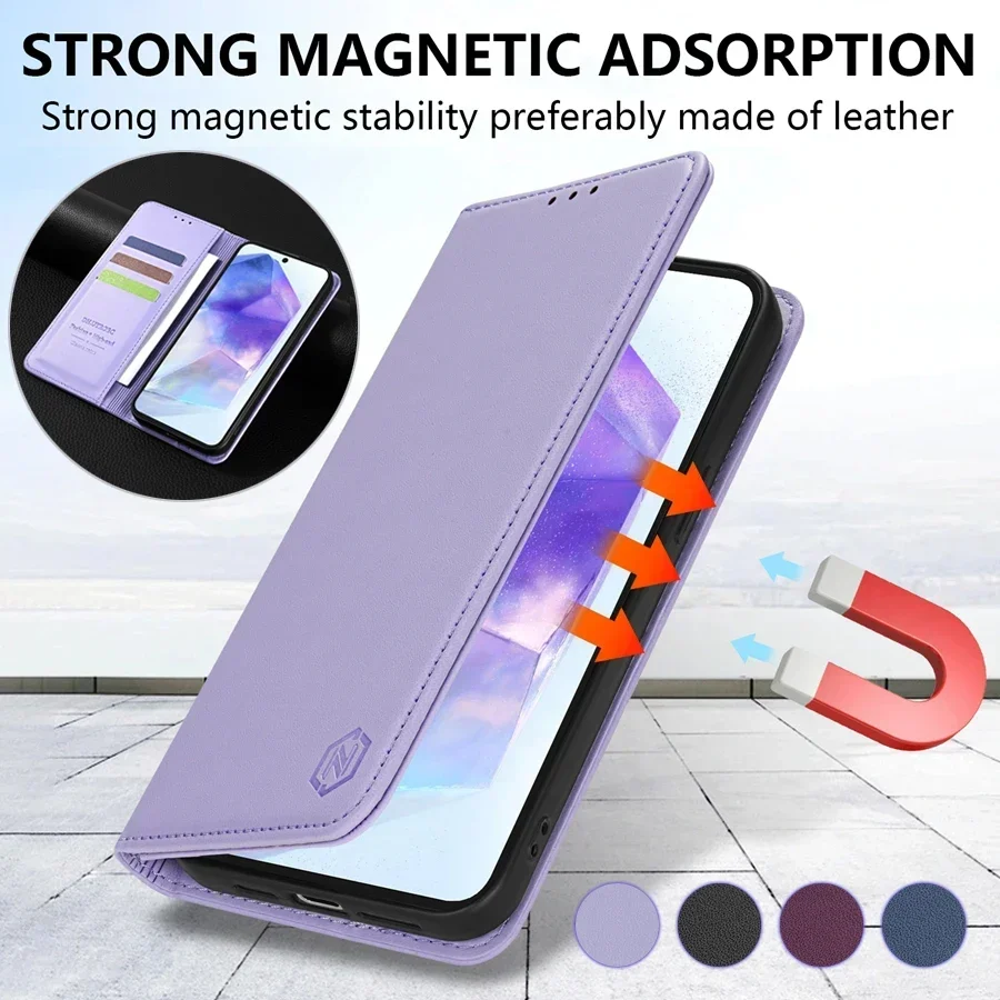 Wallet Skin friendly Strong Magnetic Card Slot Flip Leather Case For Samsung Galaxy A05s A06 A13 A14 A15 A16 A34 A35 A53 A54 A55