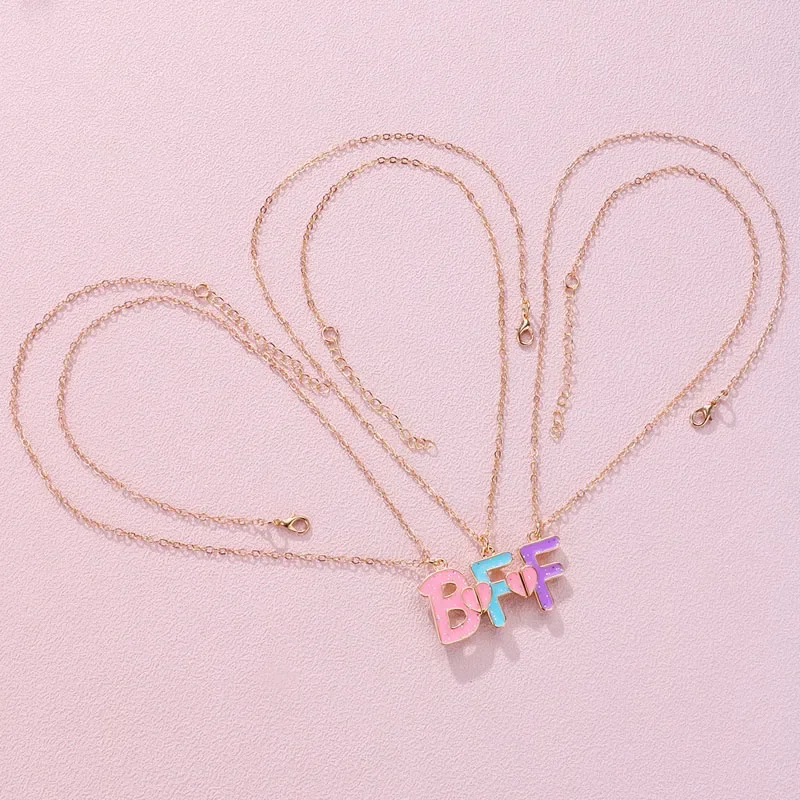 Lovecryst 3Pcs/set Colorful Glitter Pendant BFF Letter Magnetic Necklaces for 3 Kids Girls Friendship Children Jewelry Gifts